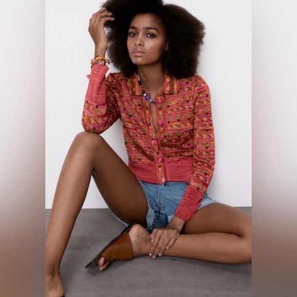 Zara pink 60s mod cactus cardigan jacquard knit button up sweater funky design - Picture 10 of 10